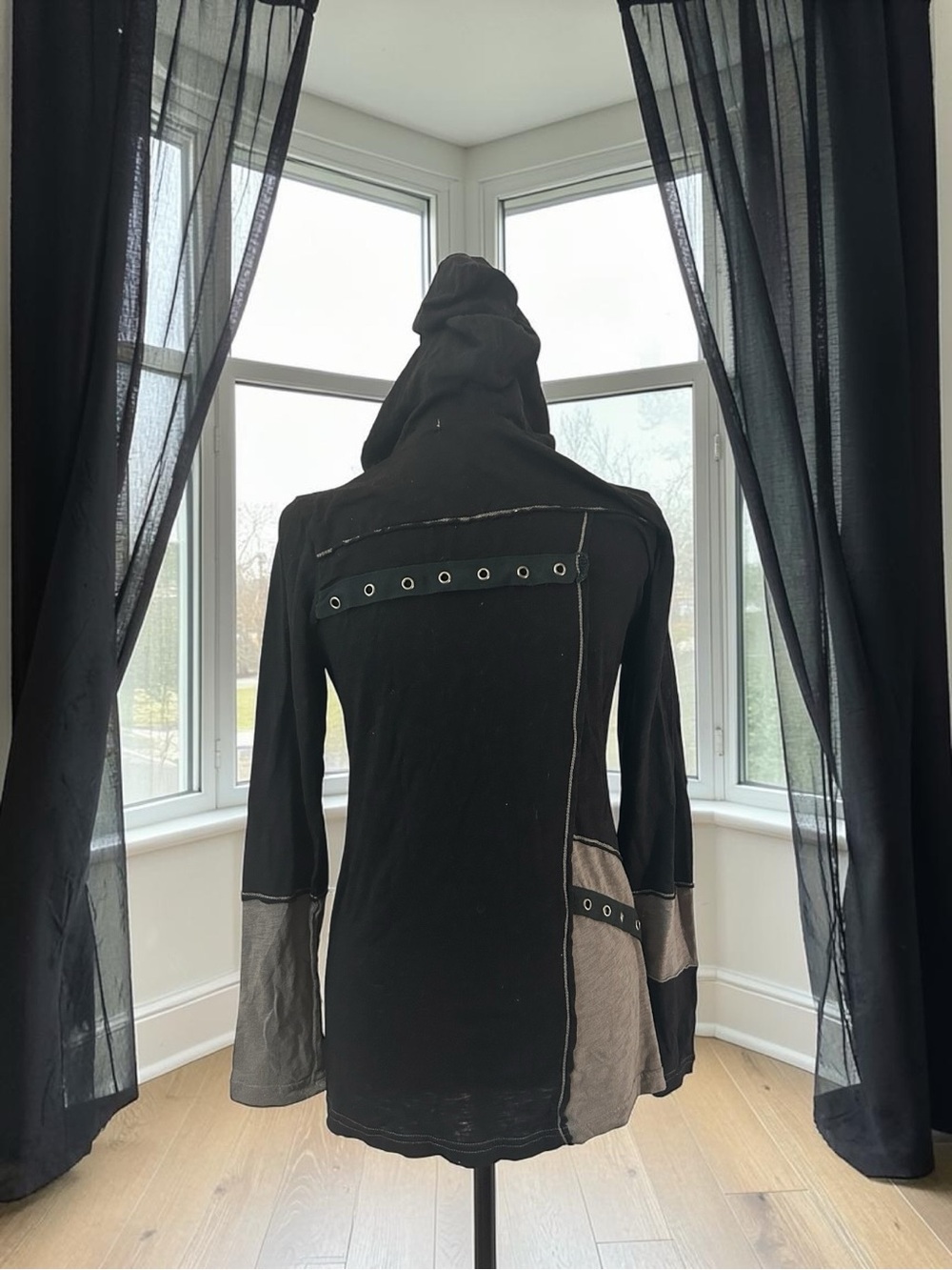 Y2K Mürmür Rhinestone Grommet Color Block Lace Up Hooded Top Grunge Goth S - Picture 2 of 14